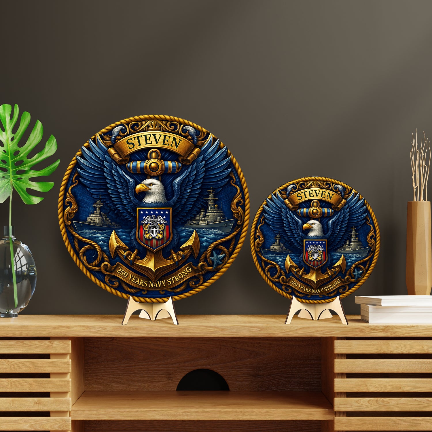 US Navy 250 Years Strong Eagle Round Sign – Personalized Navy Pride Wall Art