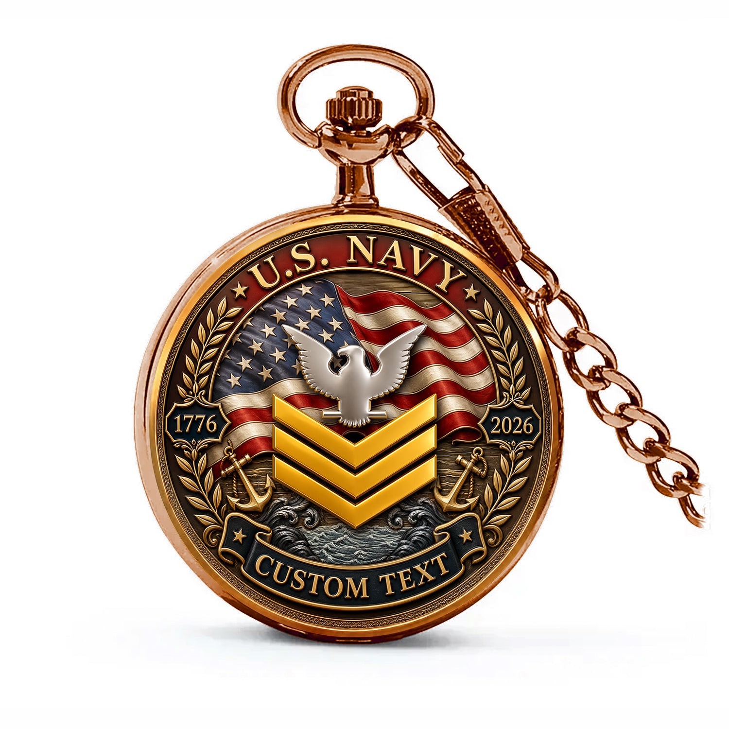 US Navy Pocket Watch Personalized Text and Rank Gift