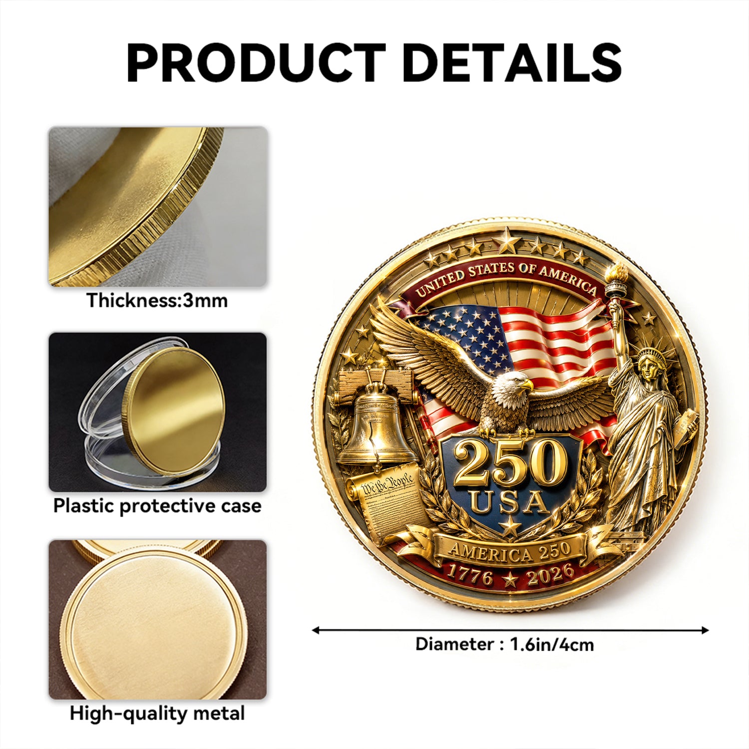 Custom USMC Rank Challenge Coin 1776-2026 Military Keepsake