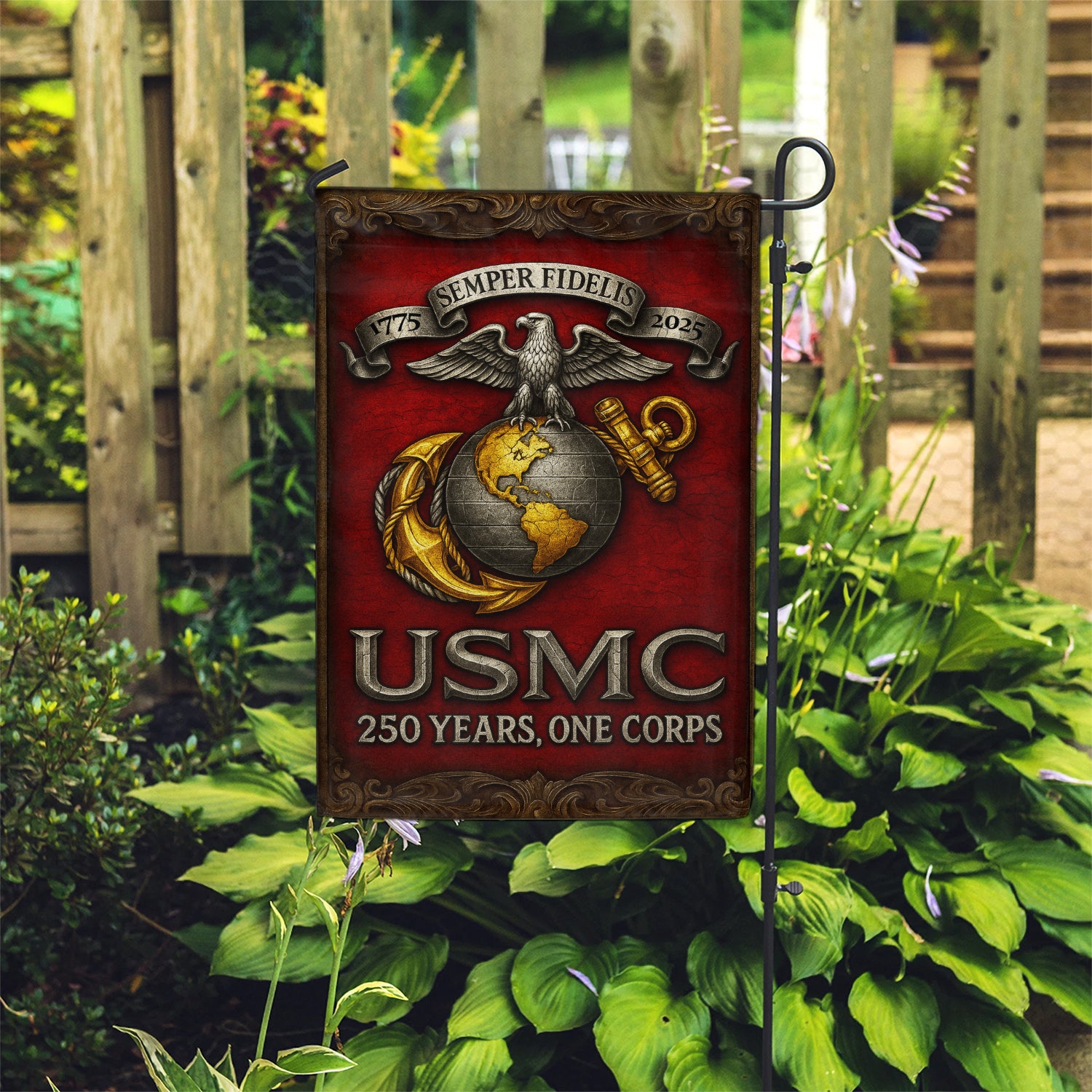 MARlNE 250th Years, One Corps Garden Flag 12" x 18" Twin-Side Printing