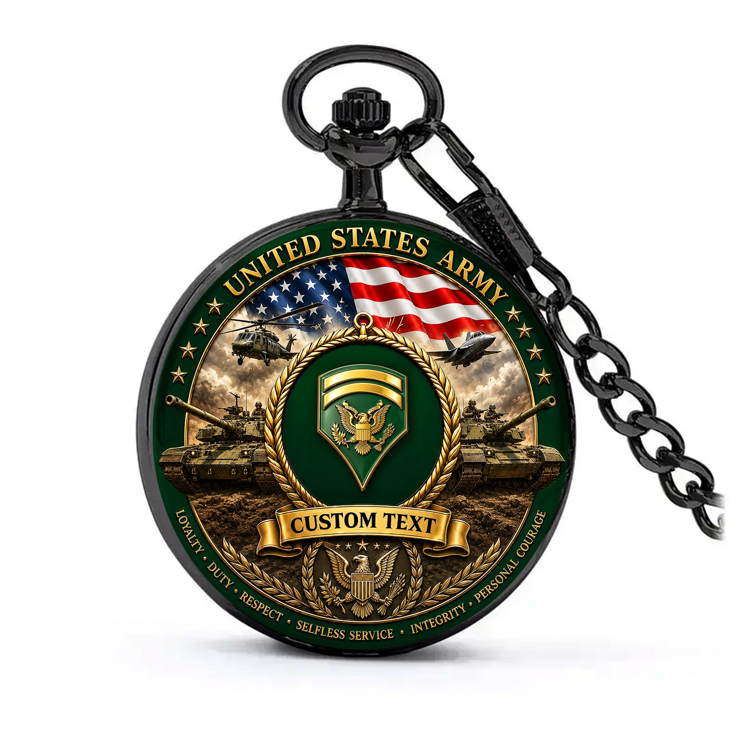 Personalized US Army 250 Years Pocket Watch Custom Rank and Text