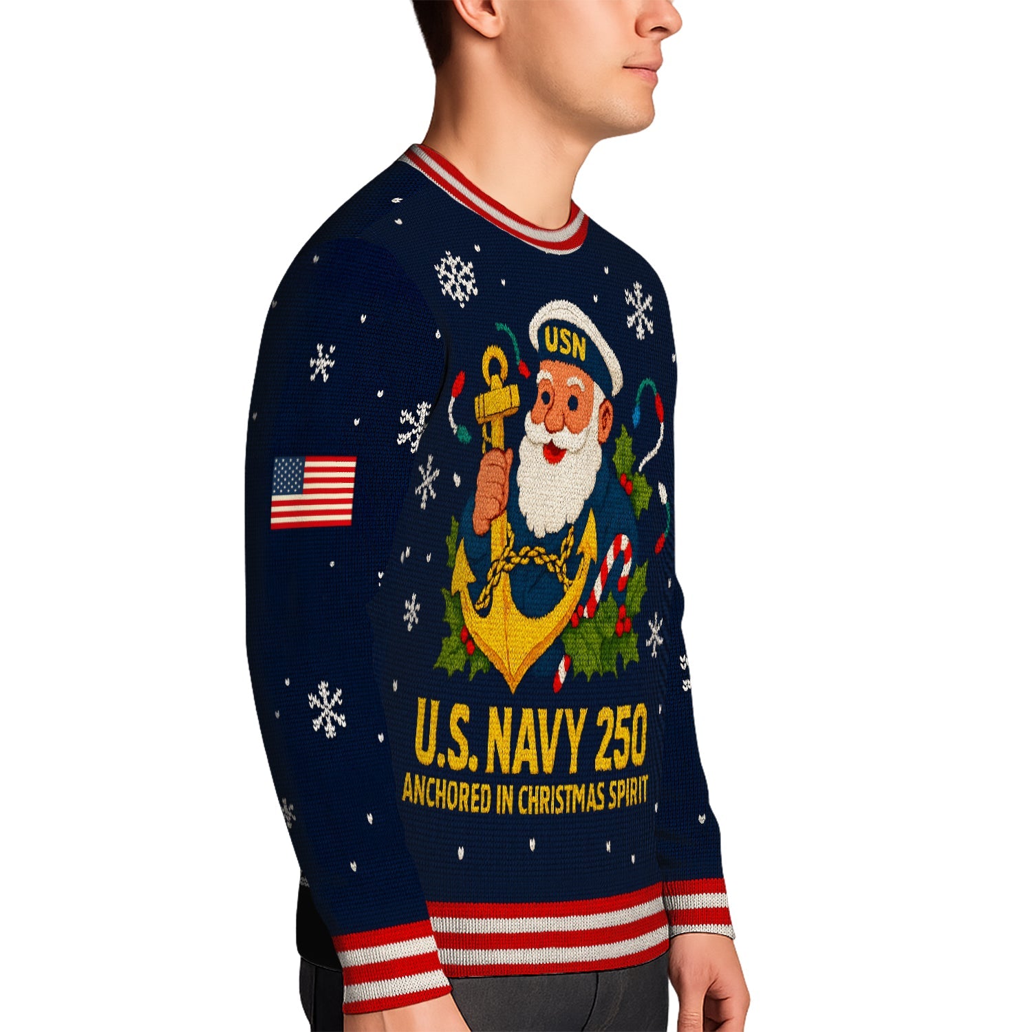 US Navy 250 Anchored In Christmas Spirit Christmas Ugly Sweater