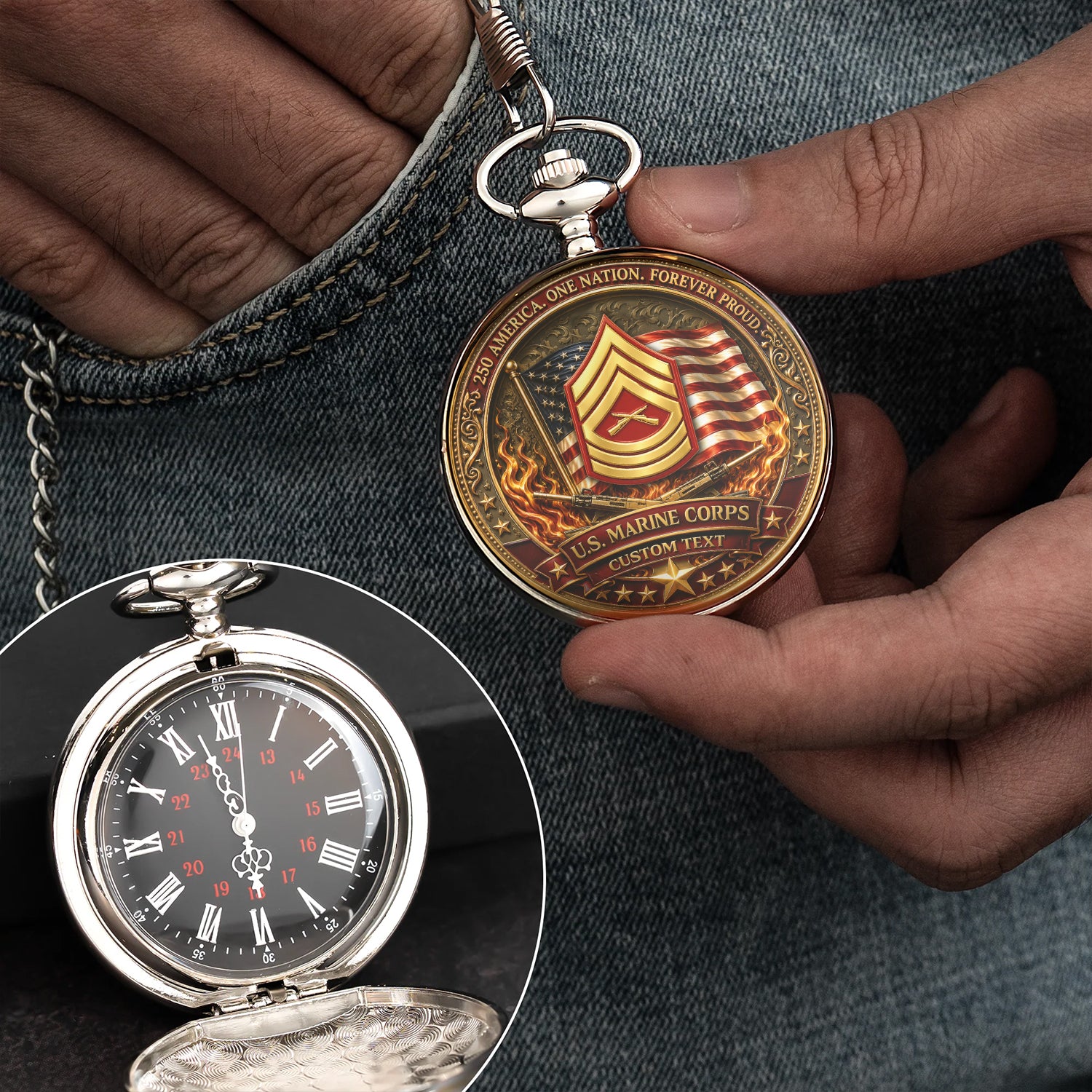 USMC Pocket Watch Personalized Rank and Text Gift