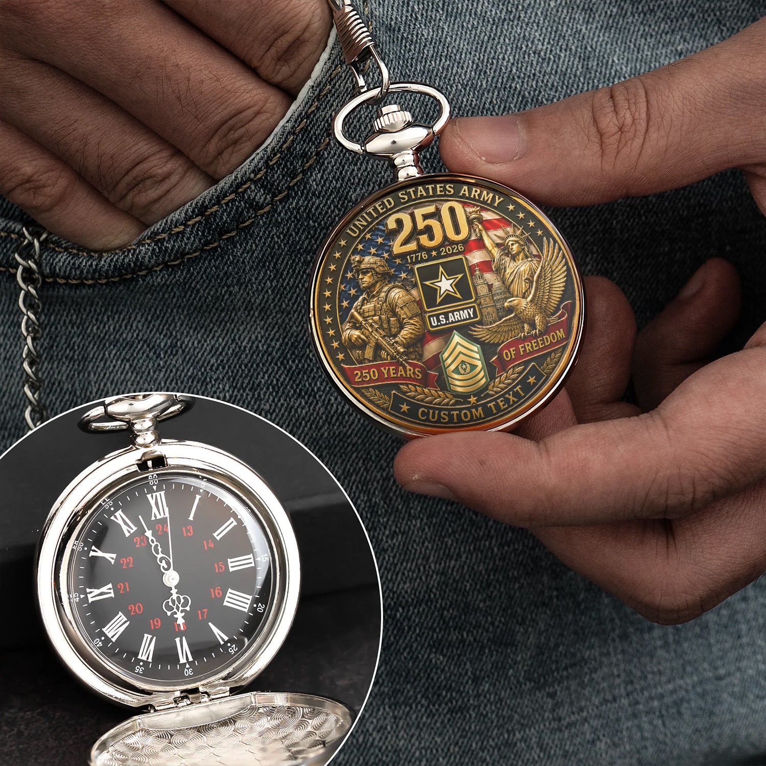 Personalized US Army Rank Name Pocket Watch for Him
