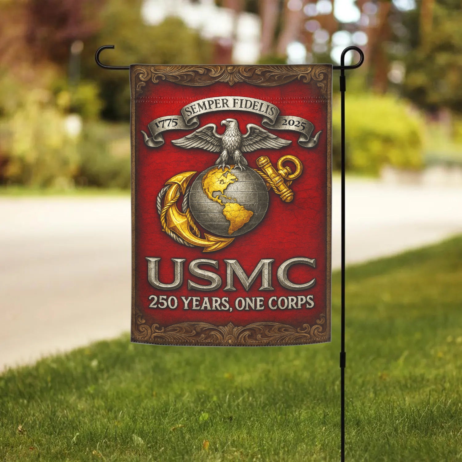 MARlNE 250th Years, One Corps Garden Flag 12" x 18" Twin-Side Printing