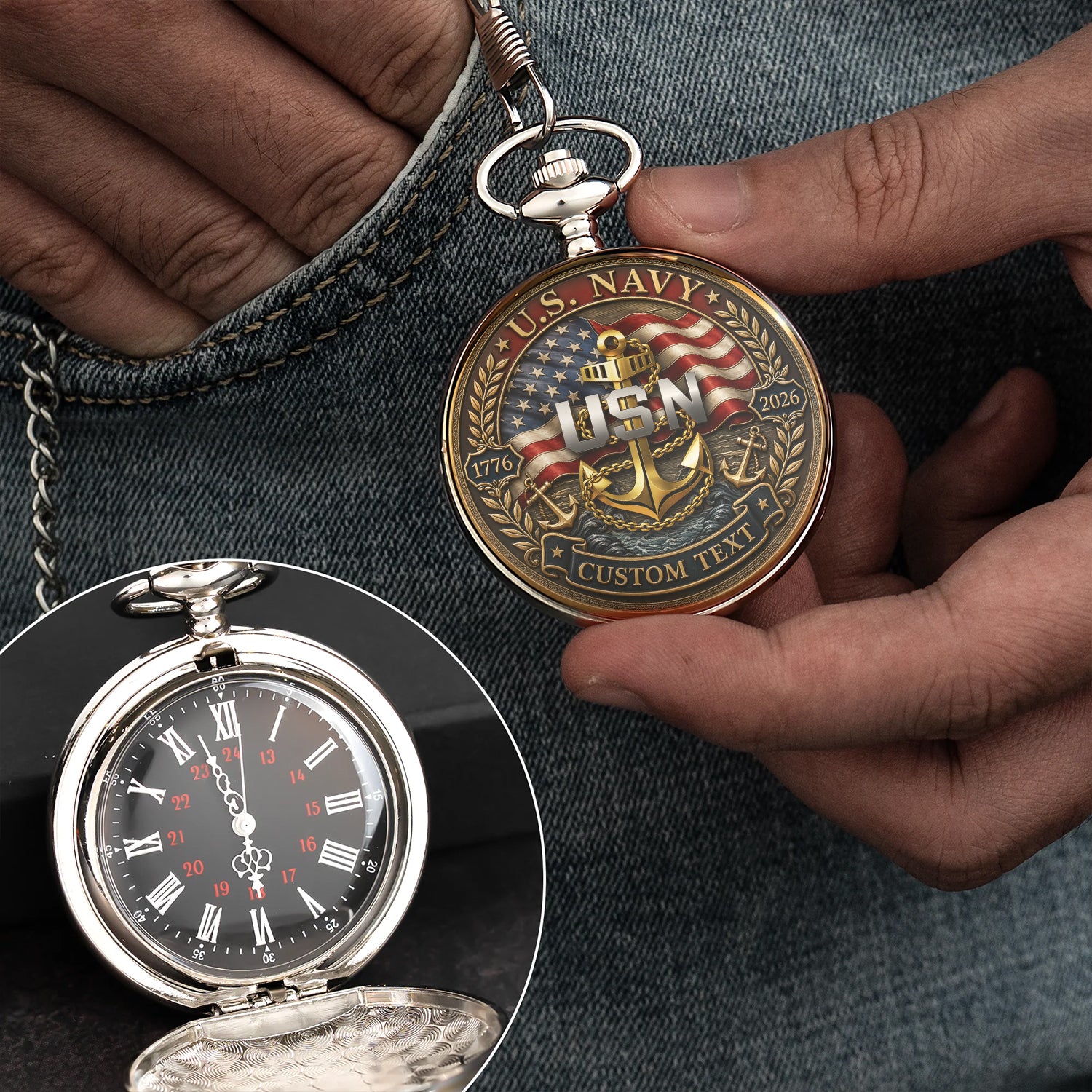 US Navy Pocket Watch Personalized Text and Rank Gift