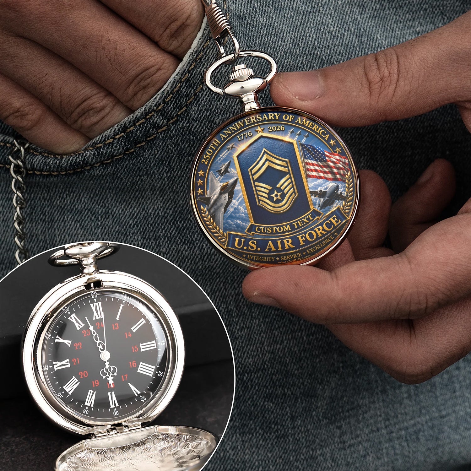 Custom US Air Force Rank Pocket Watch Military Retirement Gift