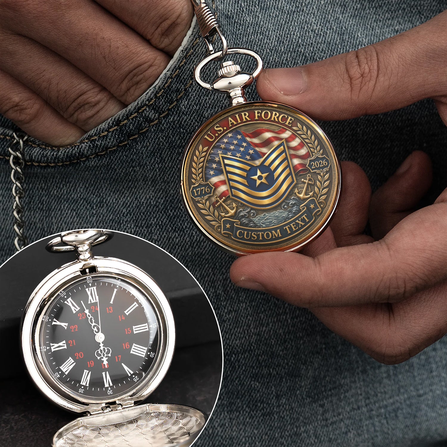 Custom Air Force Veteran Pocket Watch Personalized Rank