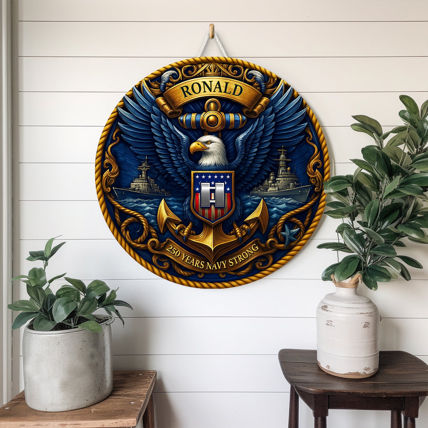US Navy 250 Years Strong Eagle Round Sign – Personalized Navy Pride Wall Art