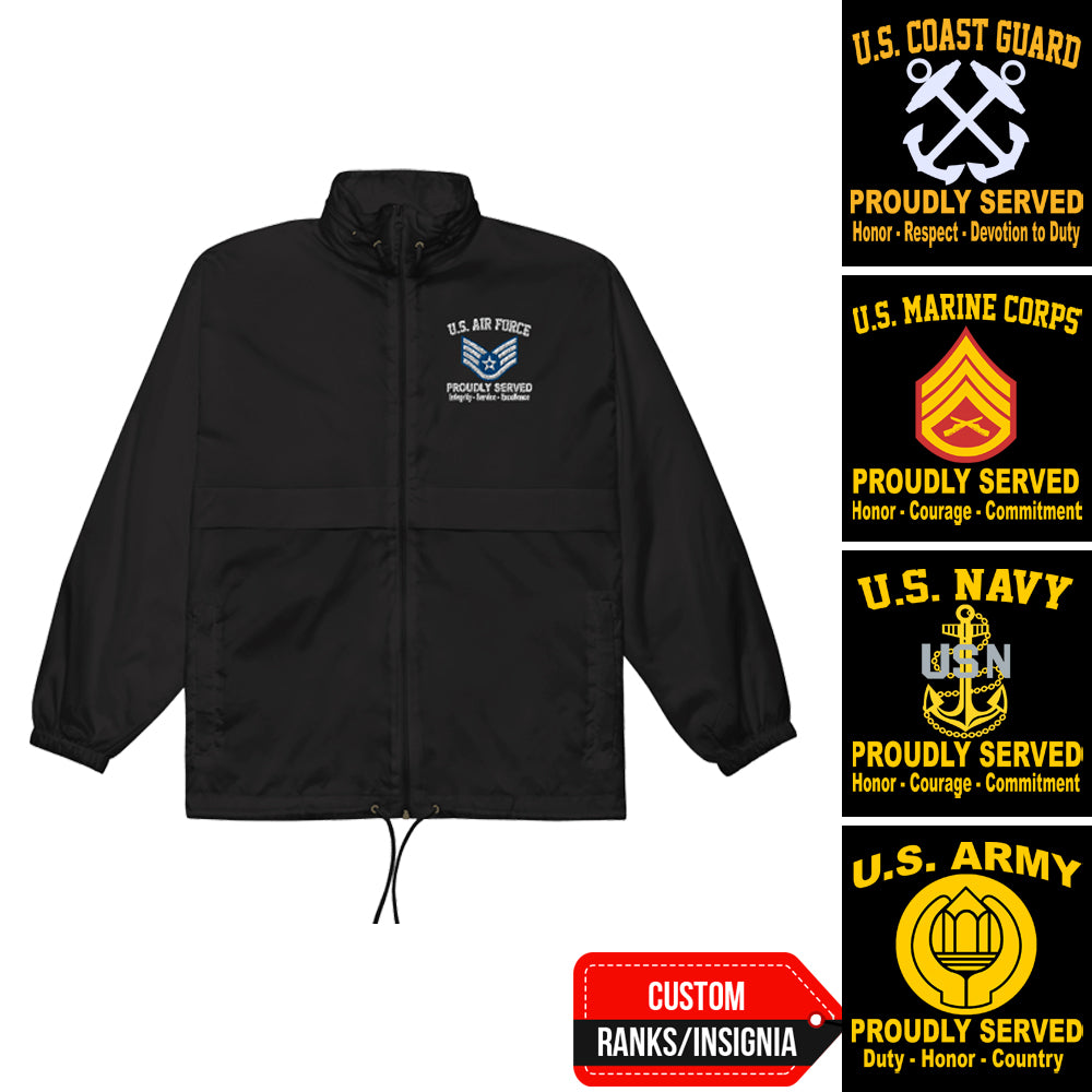 Custom US Military Ranks/Insignia Proudly Served Core Value Embroidered Unisex Windbreaker