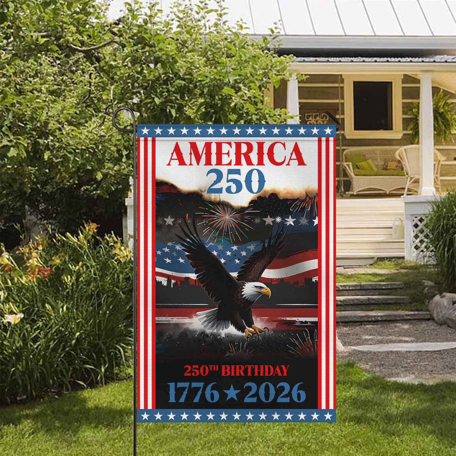 America 250 Garden Flag Patriotic Eagle Fireworks 250th Birthday USA 1776-2026 Independence Decor