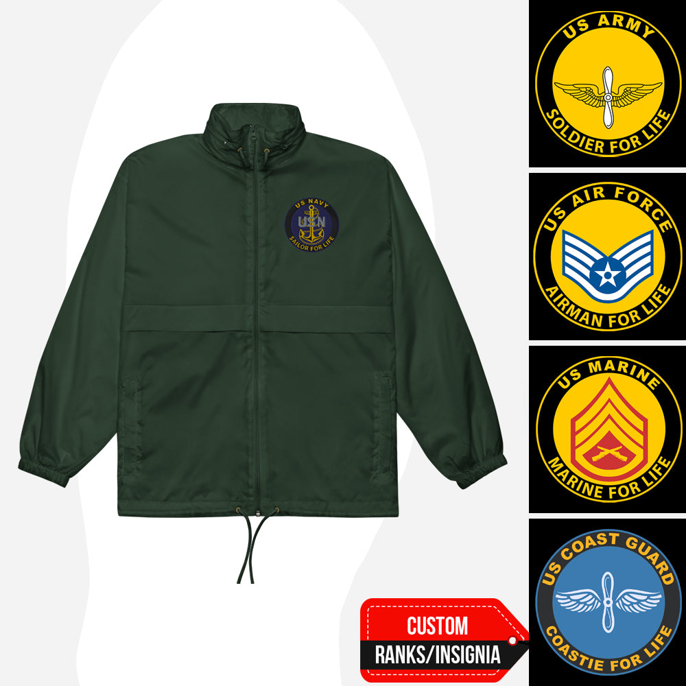 US Military Soldier, Sailor, Airman For Life Custom Ranks/Insignia Embroidered Unisex Windbreaker