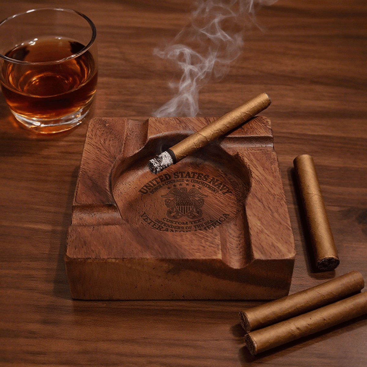 Navy Veteran Wooden Cigar Ashtray Custom Rank and Personalized Text