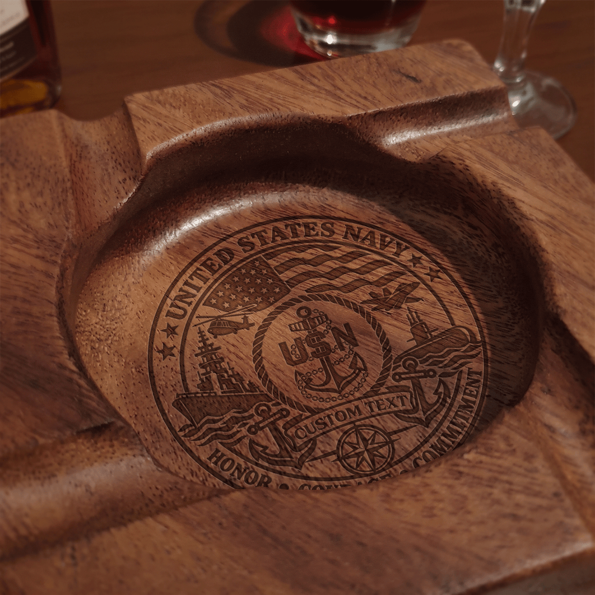 U.S. Navy Walnut Cigar Ashtray Custom Rank Text Veteran Gift