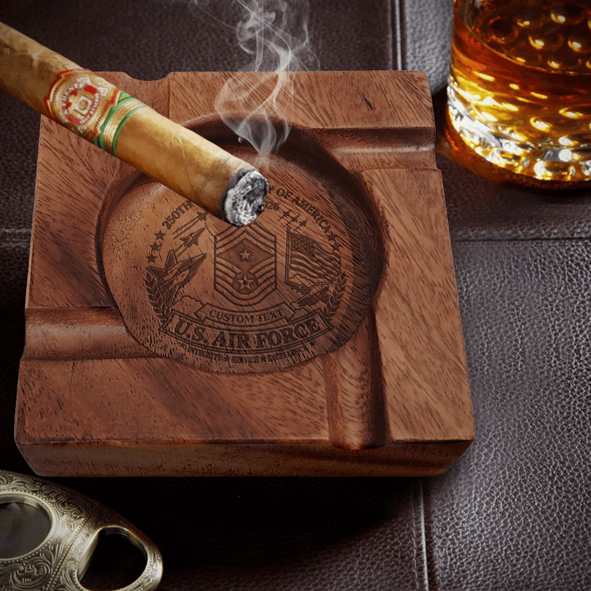 Personalized U.S. Army Wooden Ashtray Custom Rank and Military Text