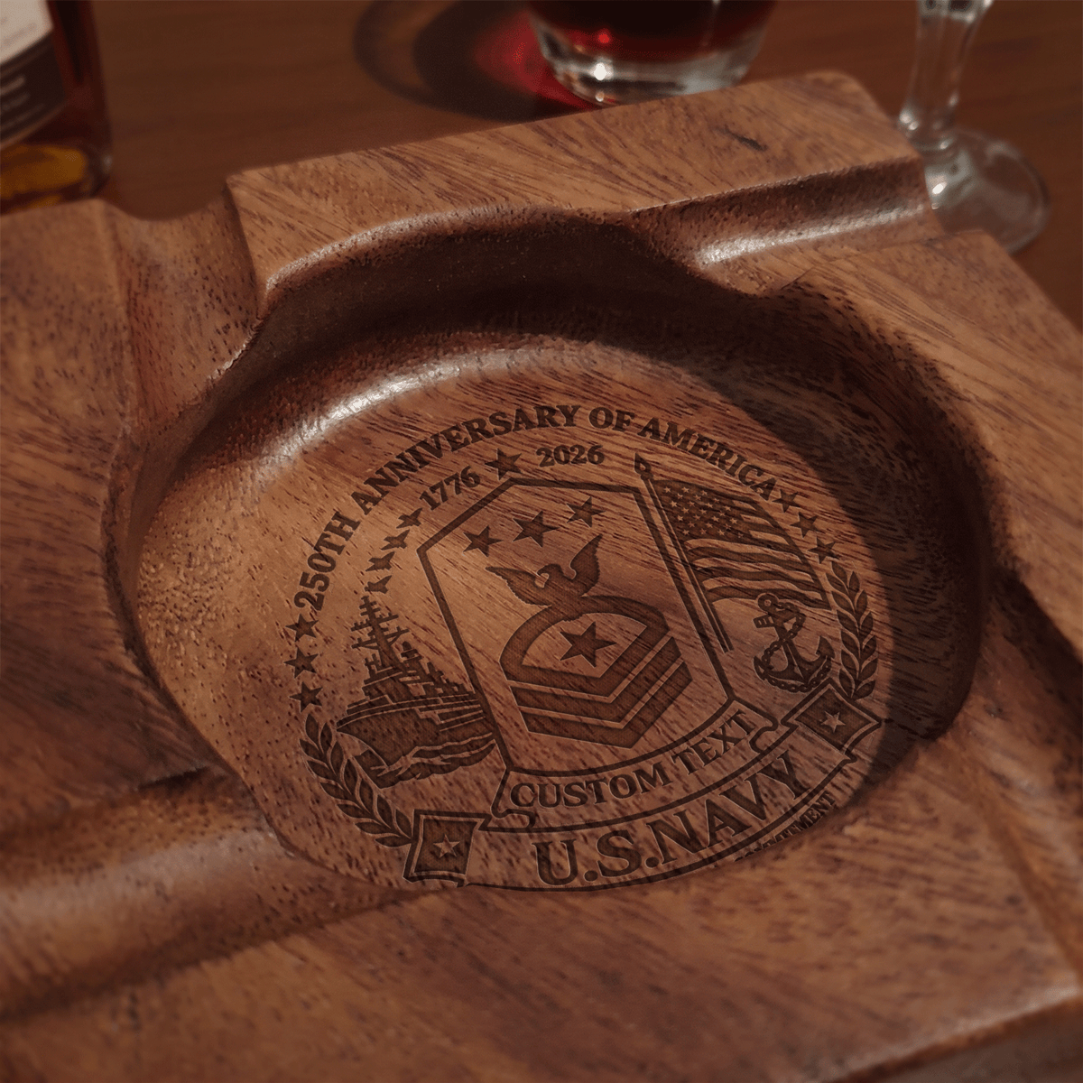 Personalized US Navy Wooden Cigar Ashtray Custom Rank and Text