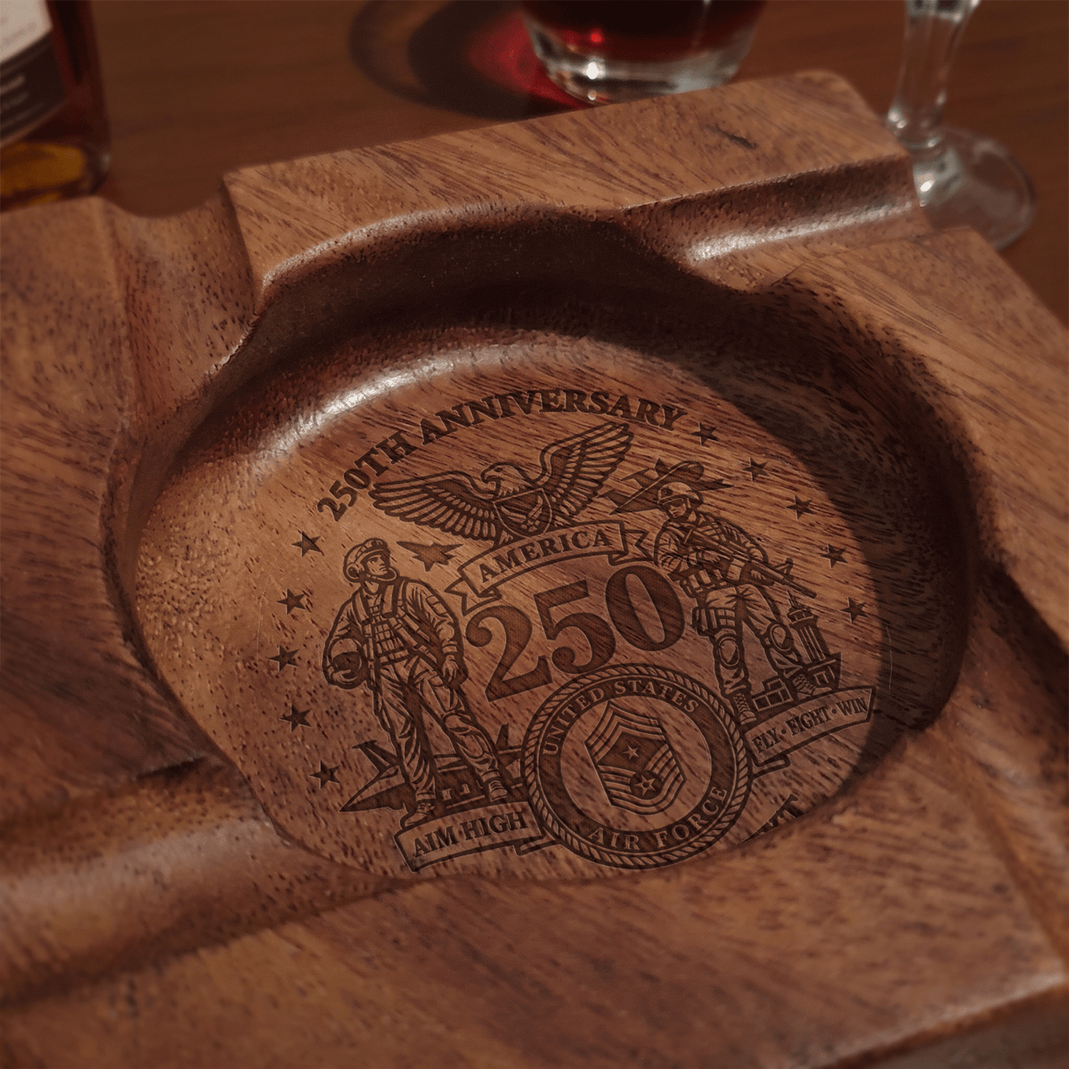 U.S. Air Force Walnut Cigar Ashtray Custom Rank Text Veteran Gift