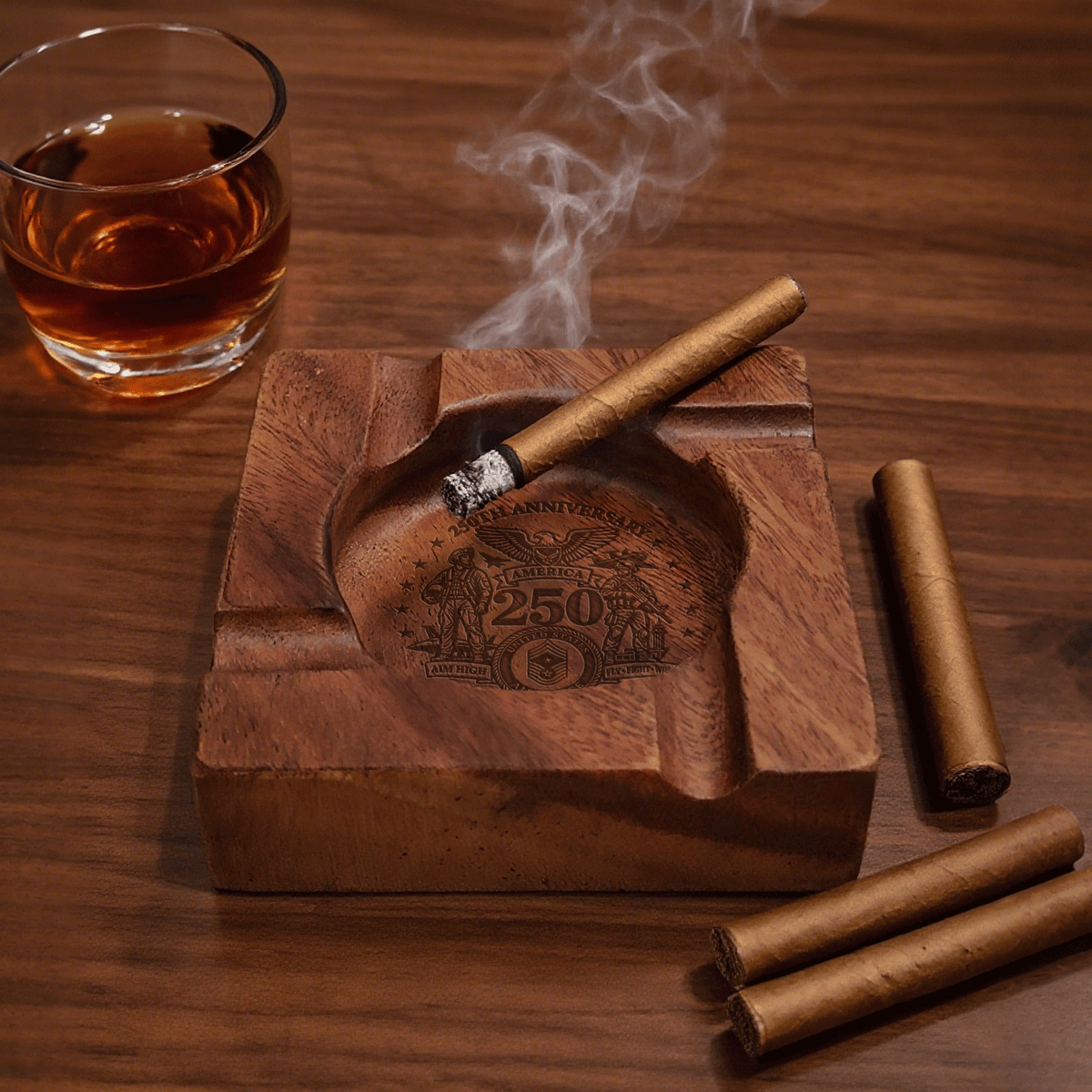 U.S. Air Force Walnut Cigar Ashtray Custom Rank Text Veteran Gift