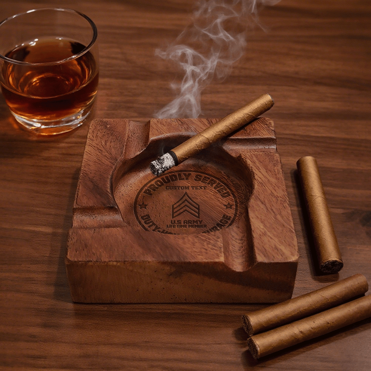 Custom U.S. Army Cigar Ashtray Personalized Military Rank and Text