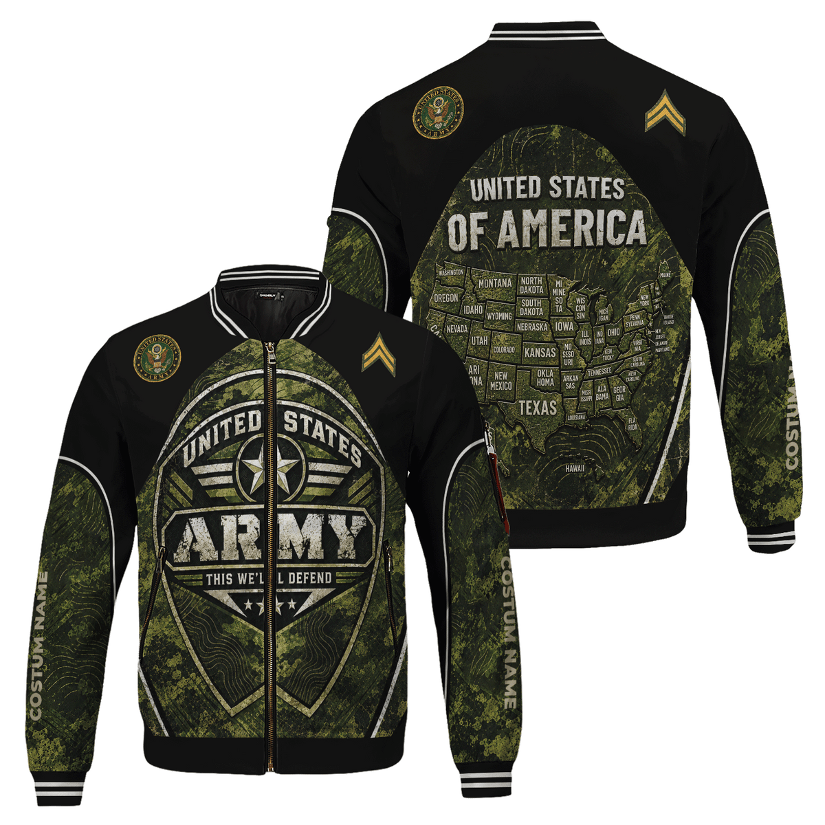 Custom U.S. Army Bomber Jacket Personalized Military Rank Text for Men