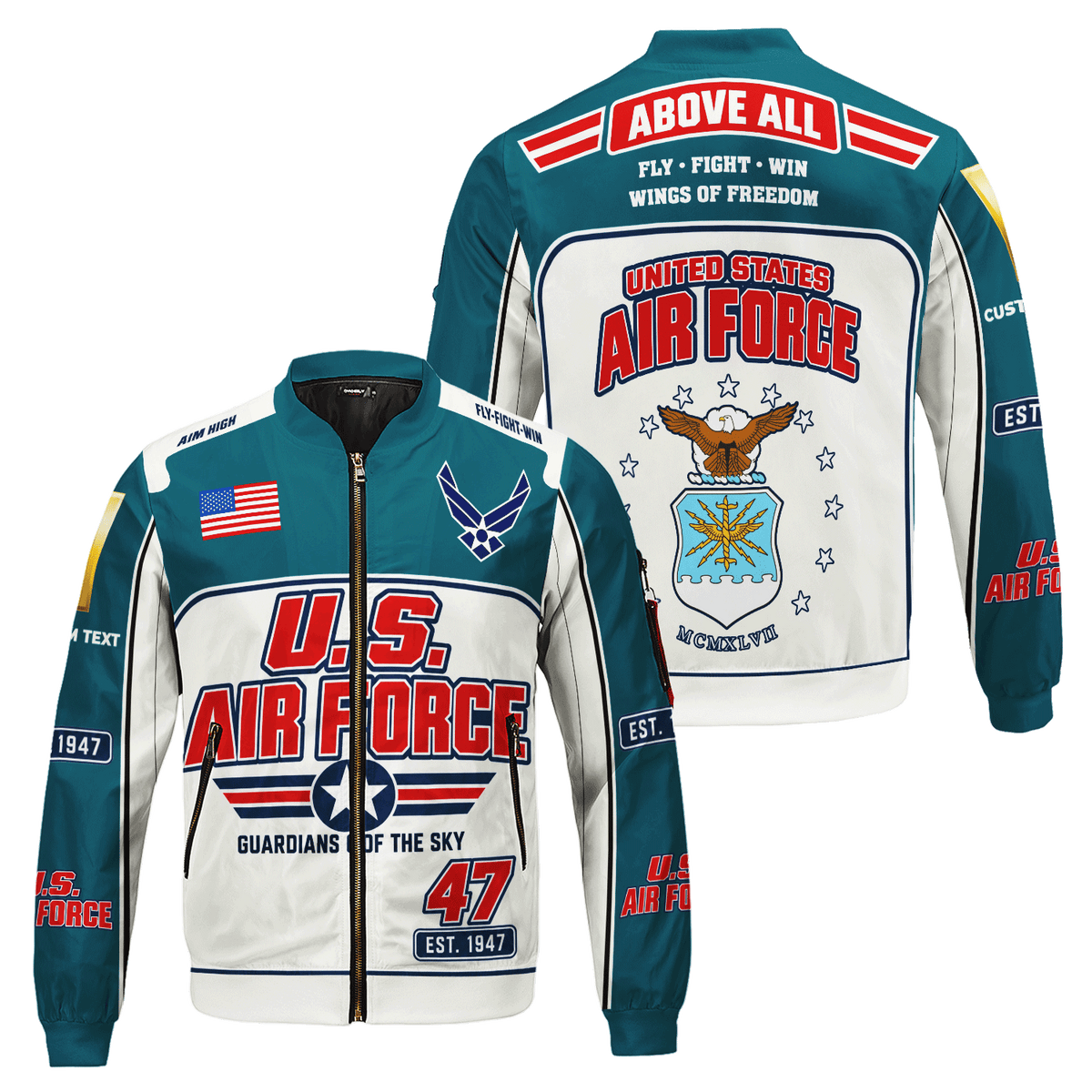 Personalized U.S. Air Force Bomber Jacket Custom Veteran Rank Service Text