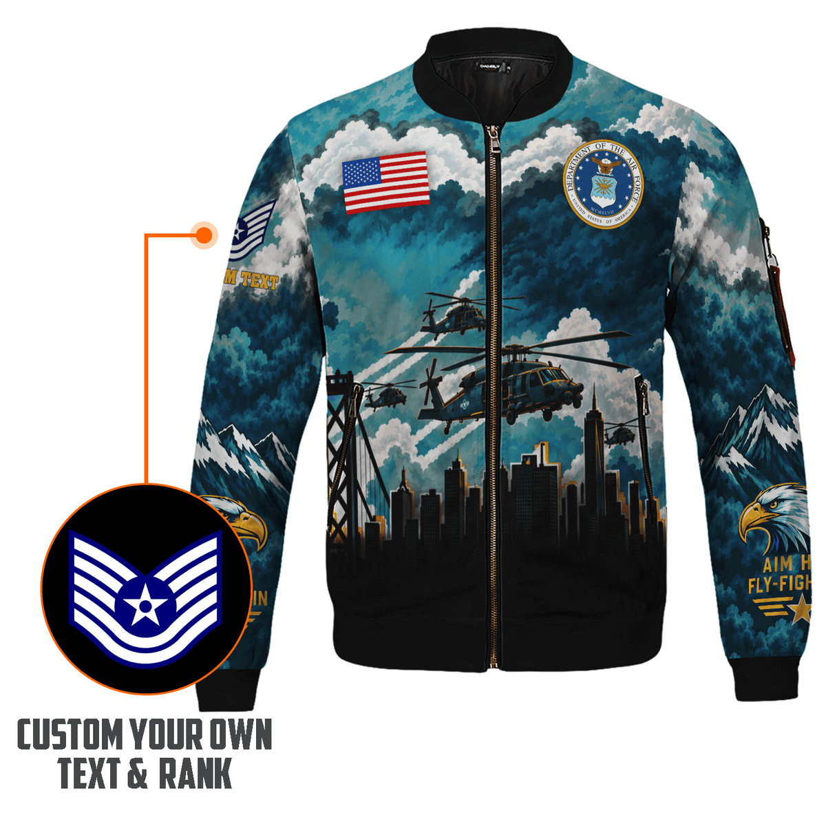 Custom USAF Military Jacket Personalized Airman Rank Text All-Over Print Bomber