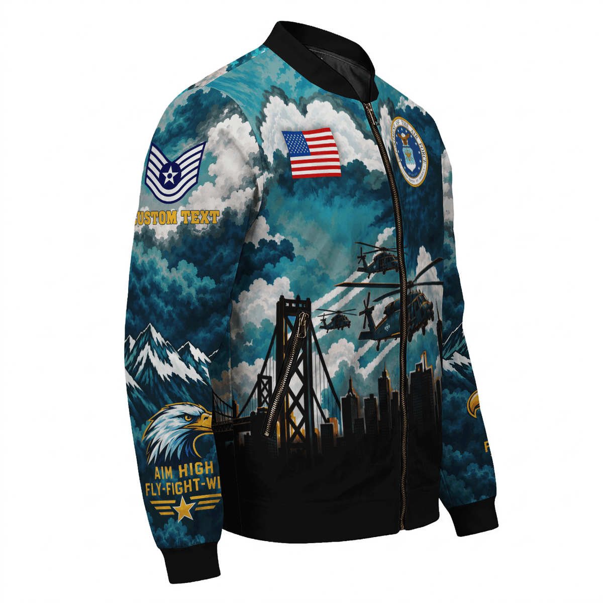 Custom USAF Military Jacket Personalized Airman Rank Text All-Over Print Bomber
