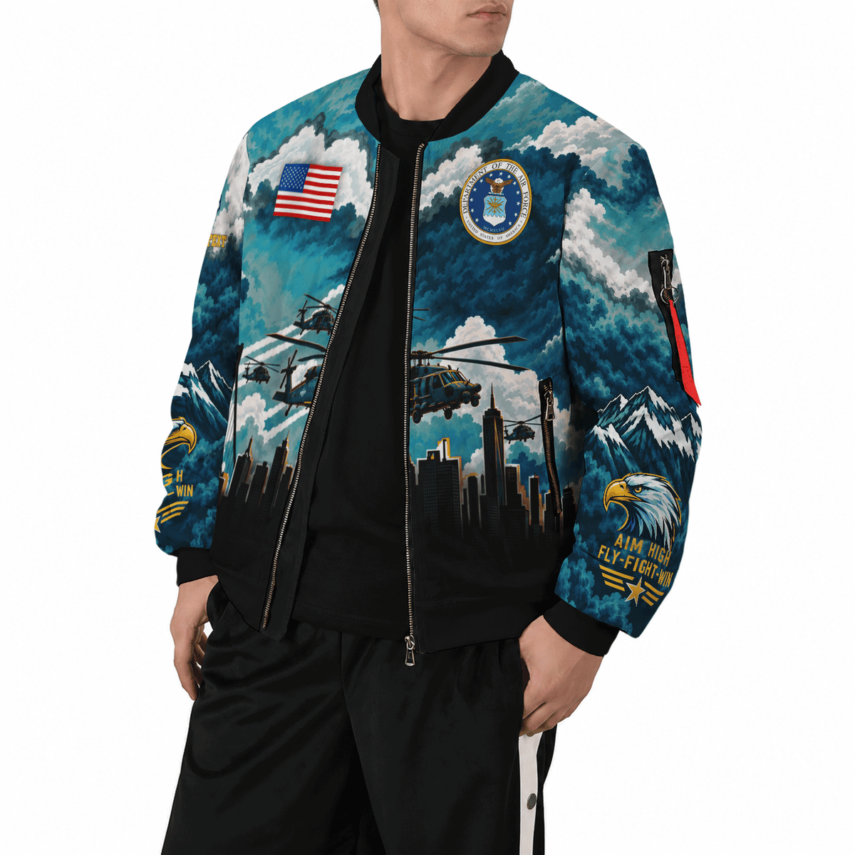 Custom USAF Military Jacket Personalized Airman Rank Text All-Over Print Bomber