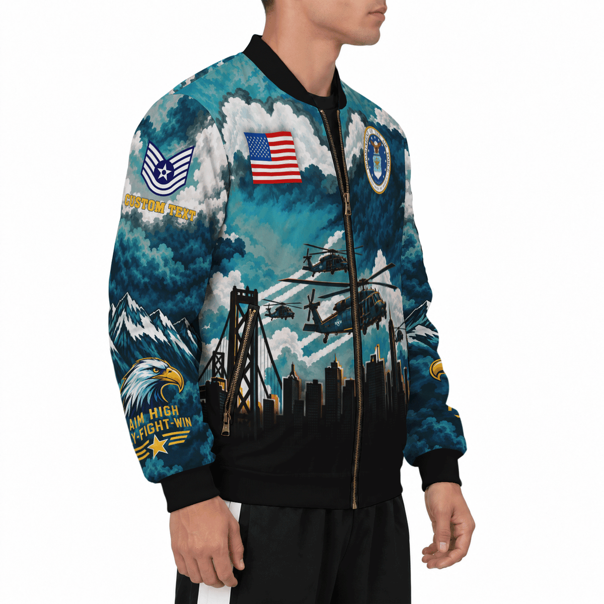 Custom USAF Military Jacket Personalized Airman Rank Text All-Over Print Bomber