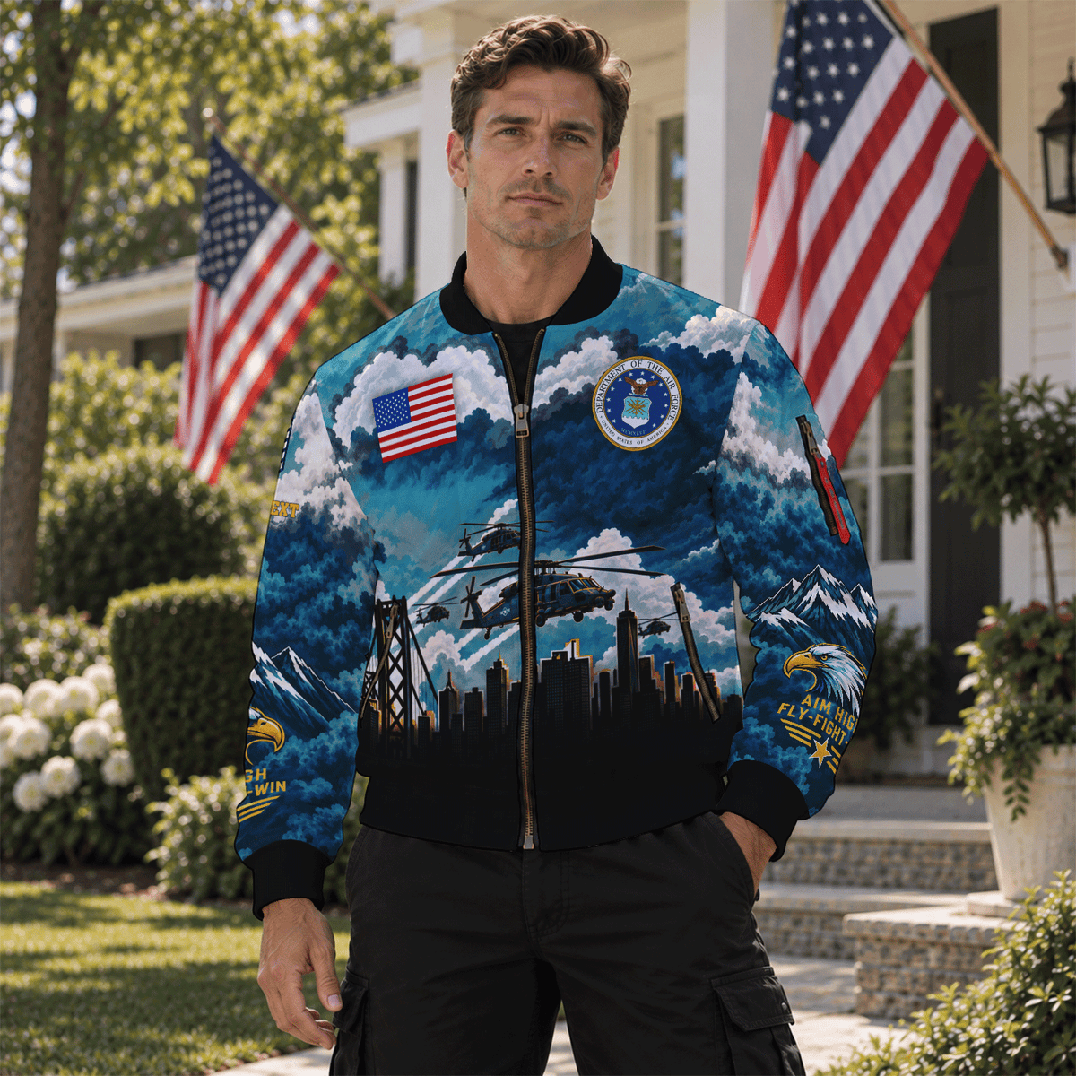 Custom USAF Military Jacket Personalized Airman Rank Text All-Over Print Bomber