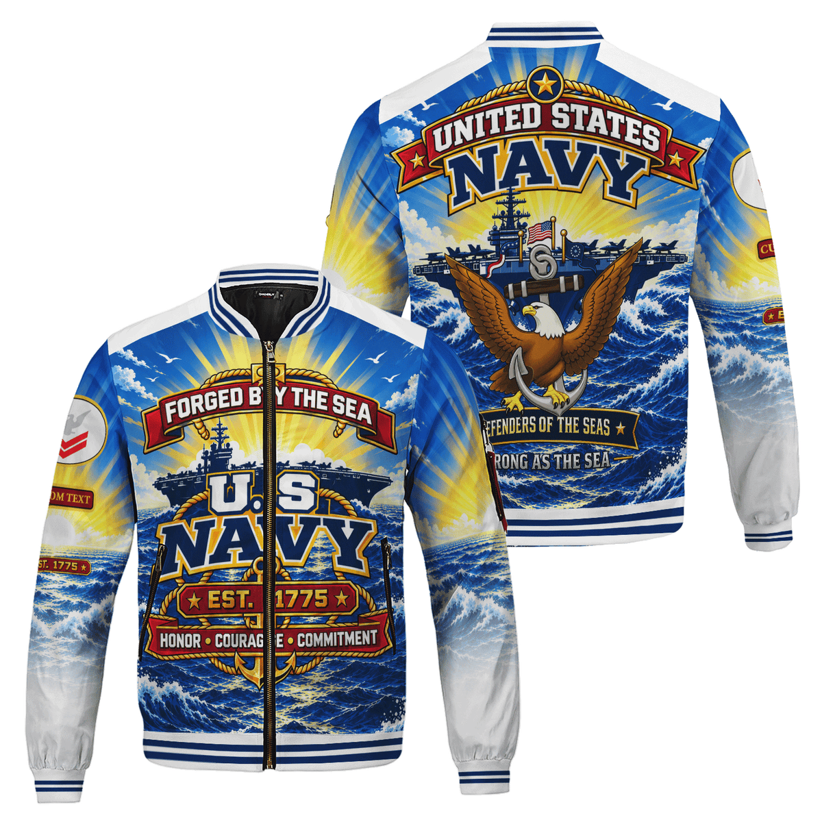 Personalized Navy Fleet Bomber Jacket Custom Military Rank & Service Text
