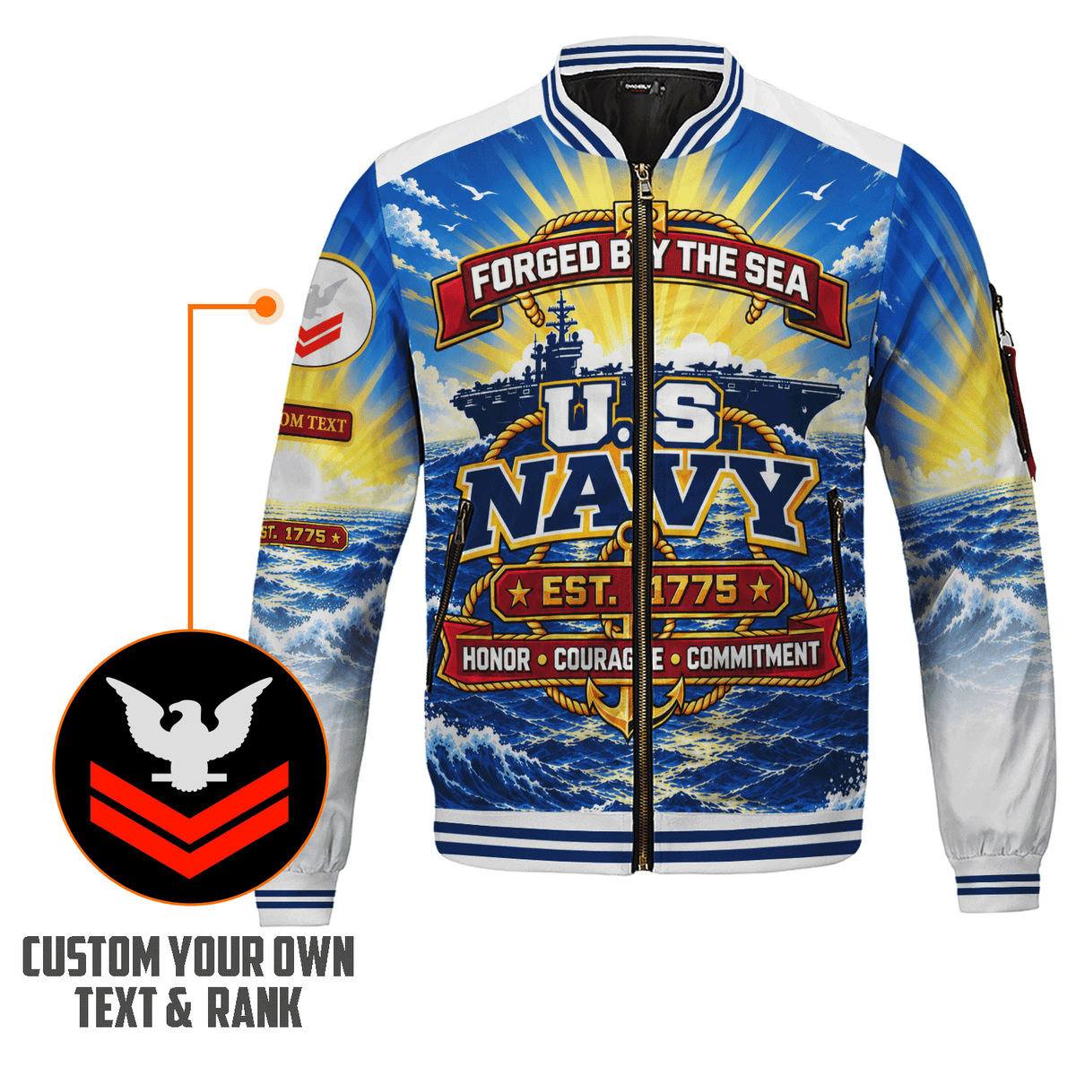 Personalized Navy Fleet Bomber Jacket Custom Military Rank & Service Text