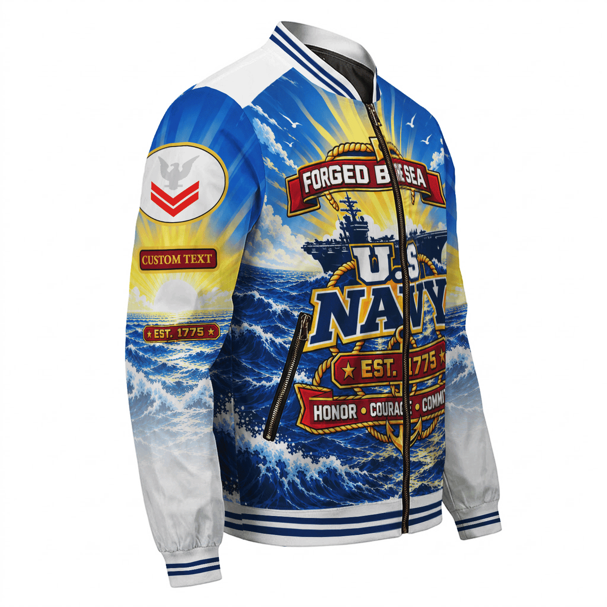 Personalized Navy Fleet Bomber Jacket Custom Military Rank & Service Text