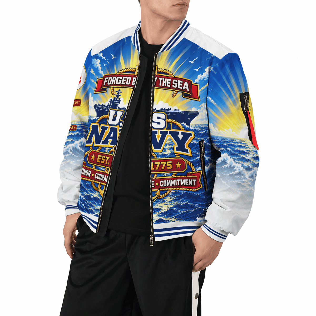Personalized Navy Fleet Bomber Jacket Custom Military Rank & Service Text