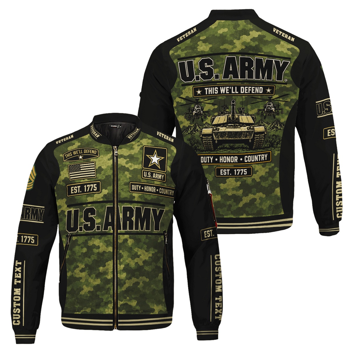 Personalized Army Veteran Bomber Jacket Custom Service Rank & Name
