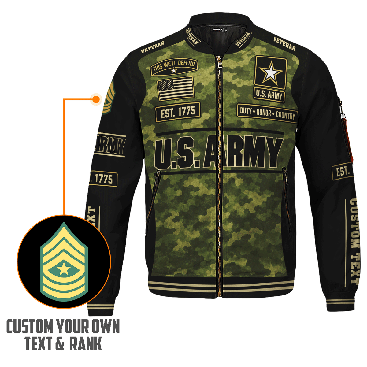 Personalized Army Veteran Bomber Jacket Custom Service Rank & Name