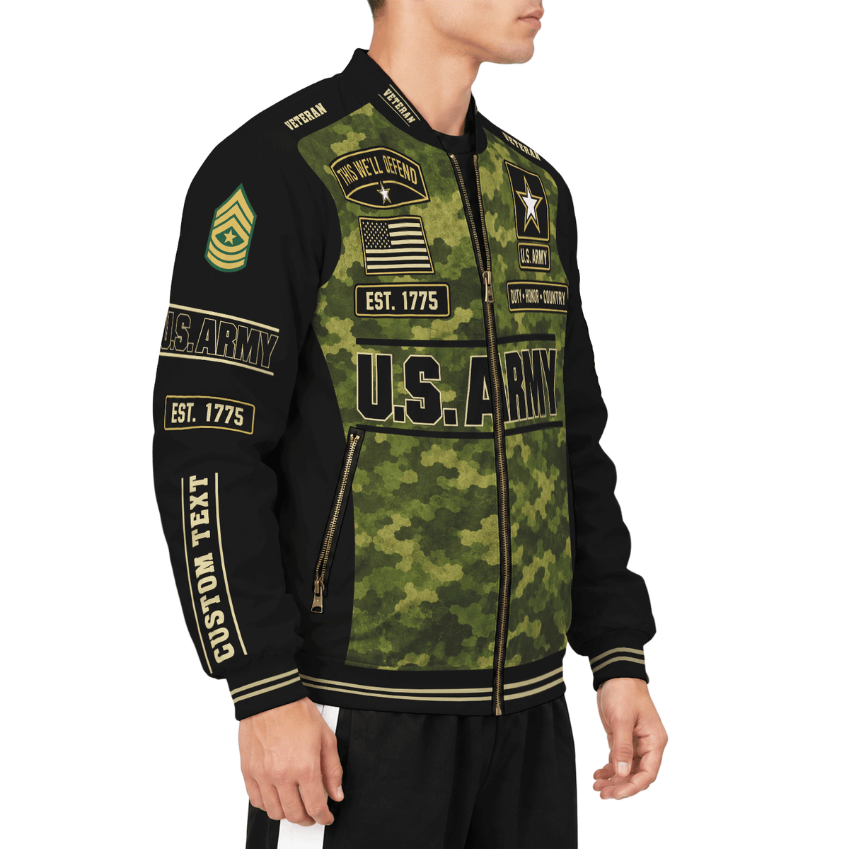 Personalized Army Veteran Bomber Jacket Custom Service Rank & Name