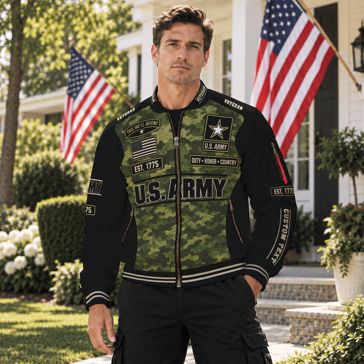 Personalized Army Veteran Bomber Jacket Custom Service Rank & Name