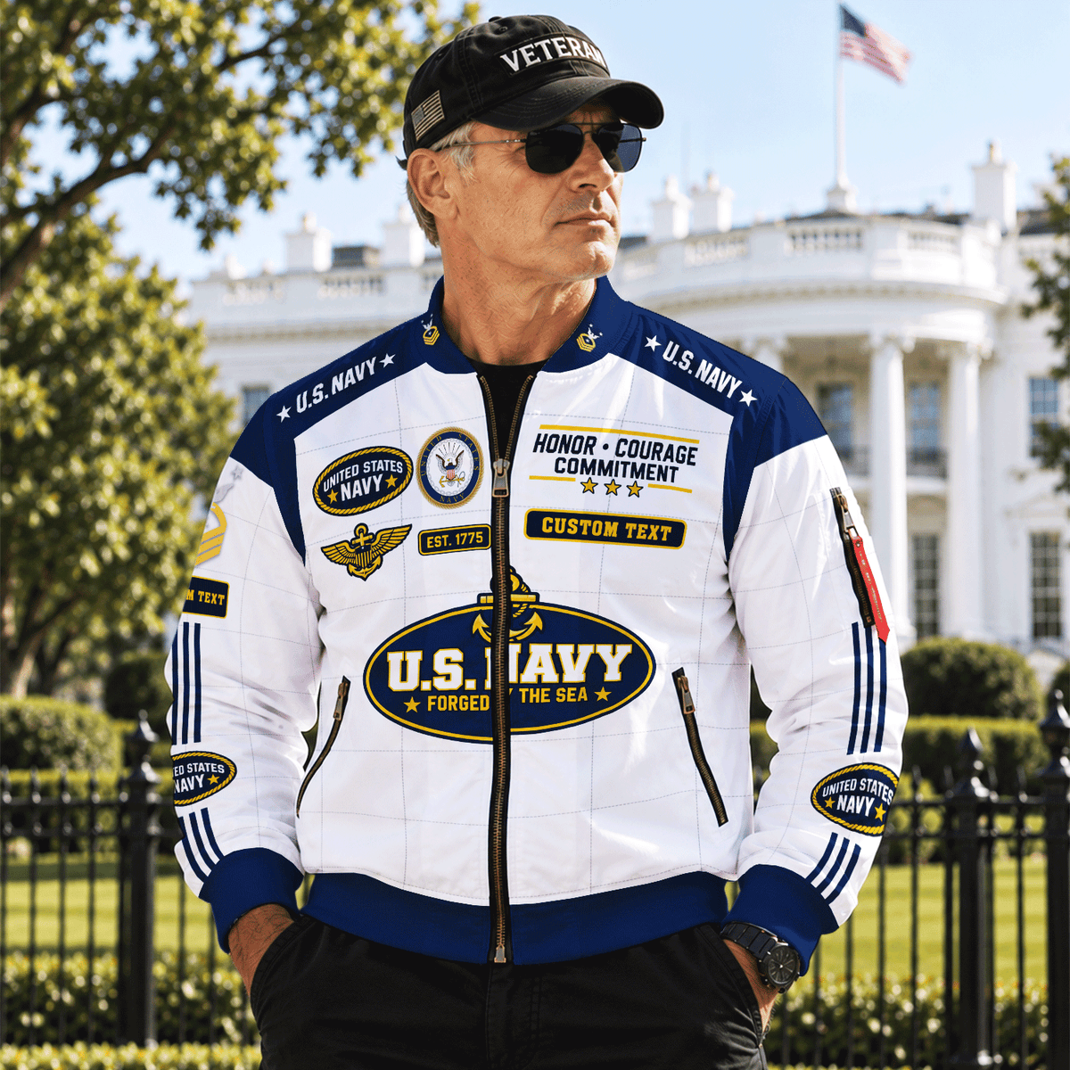 Personalized Navy Veteran Bomber Jacket Custom Service Rank & Name