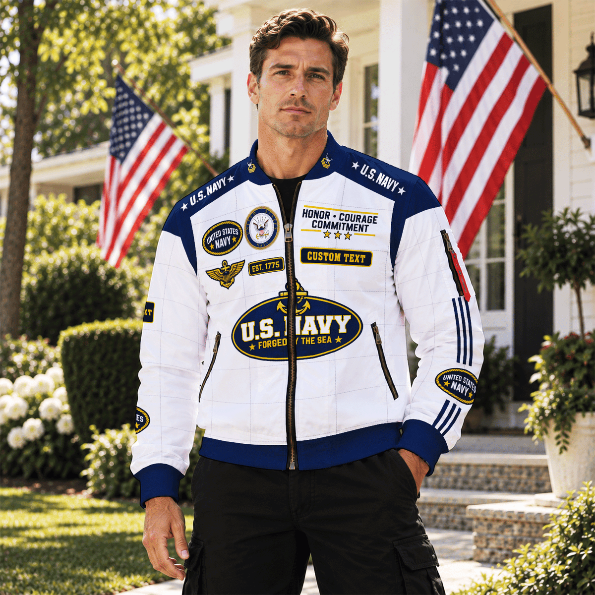 Personalized Navy Veteran Bomber Jacket Custom Service Rank & Name