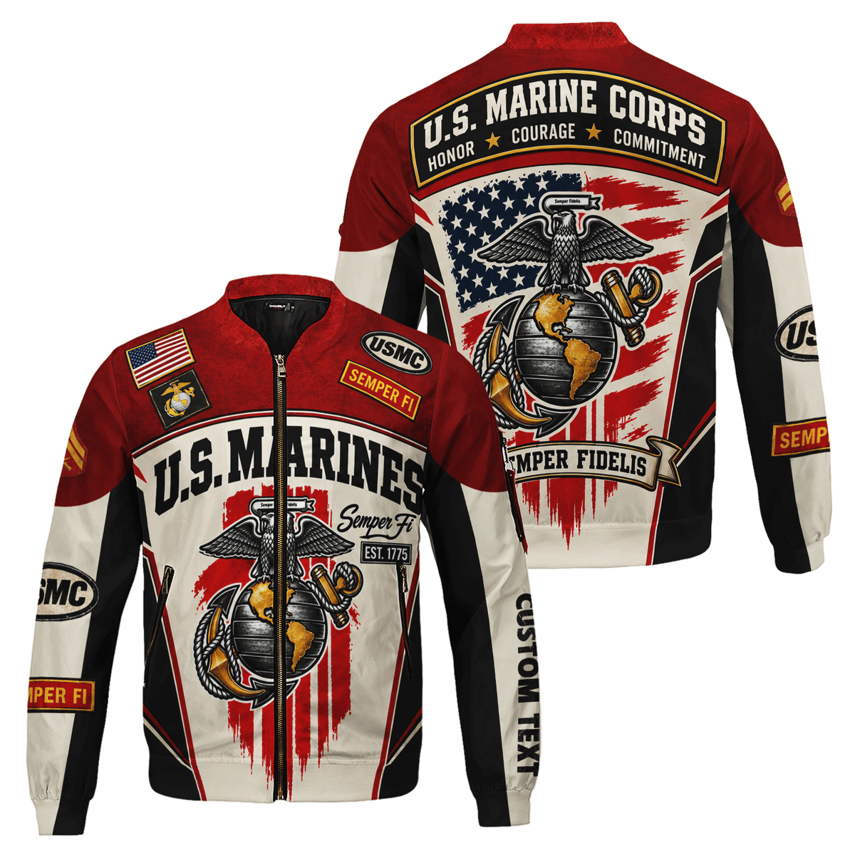 Personalized U.S. Marine Corps Bomber Jacket Custom Rank & Text Veteran Gift