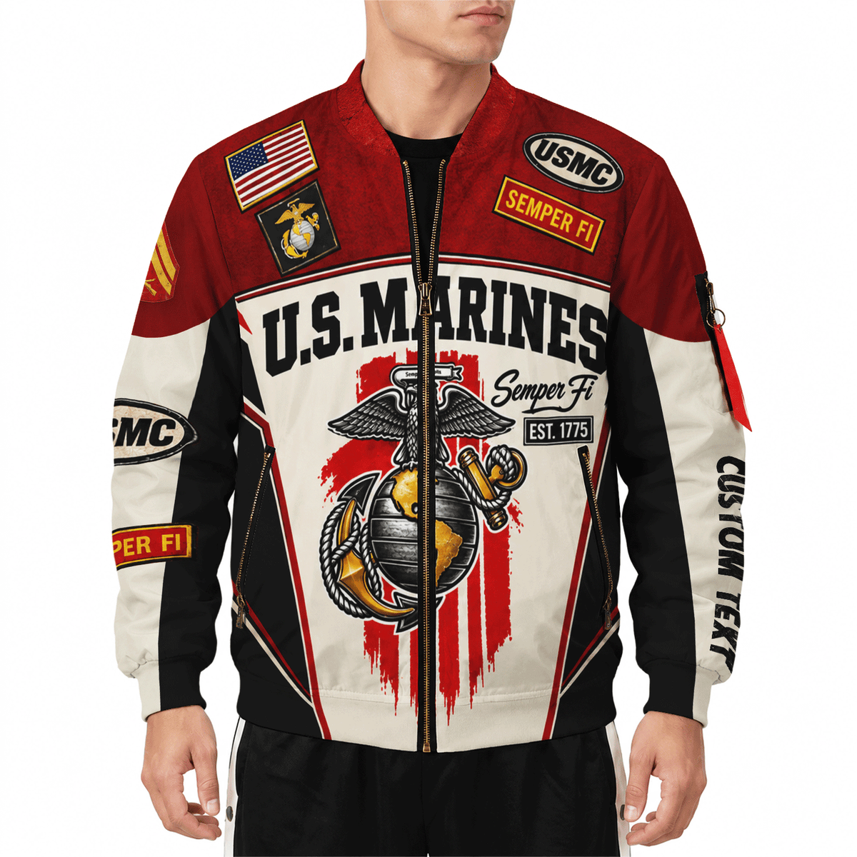 Personalized U.S. Marine Corps Bomber Jacket Custom Rank & Text Veteran Gift