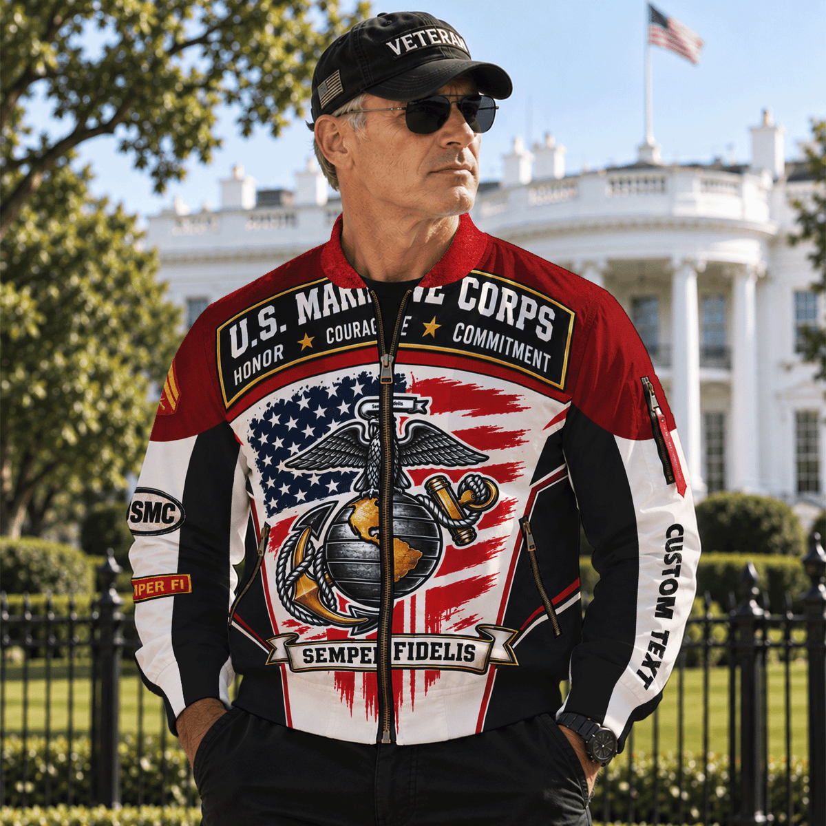 Personalized U.S. Marine Corps Bomber Jacket Custom Rank & Text Veteran Gift
