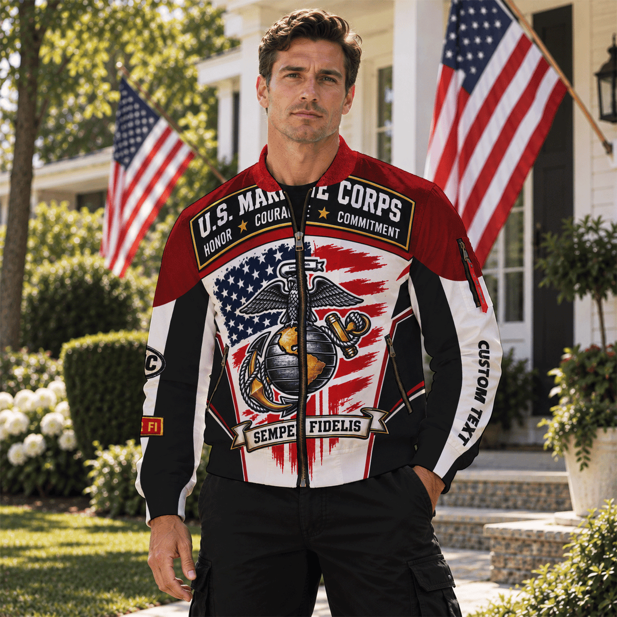 Personalized U.S. Marine Corps Bomber Jacket Custom Rank & Text Veteran Gift
