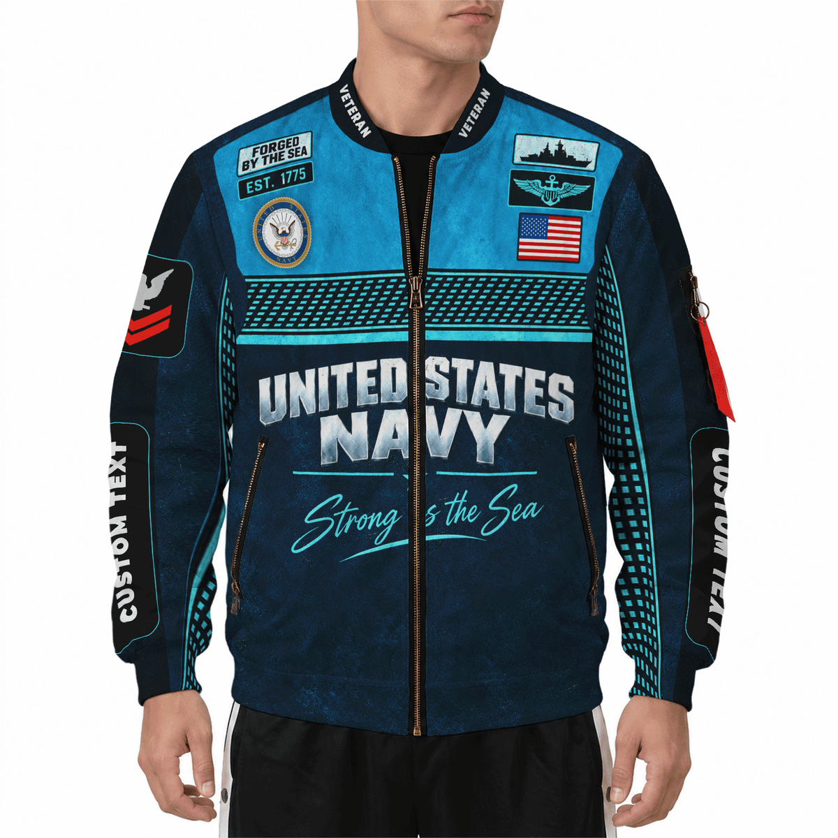 U.S. Navy Sailor Bomber Jacket Personalized Rank Text Military Apparel