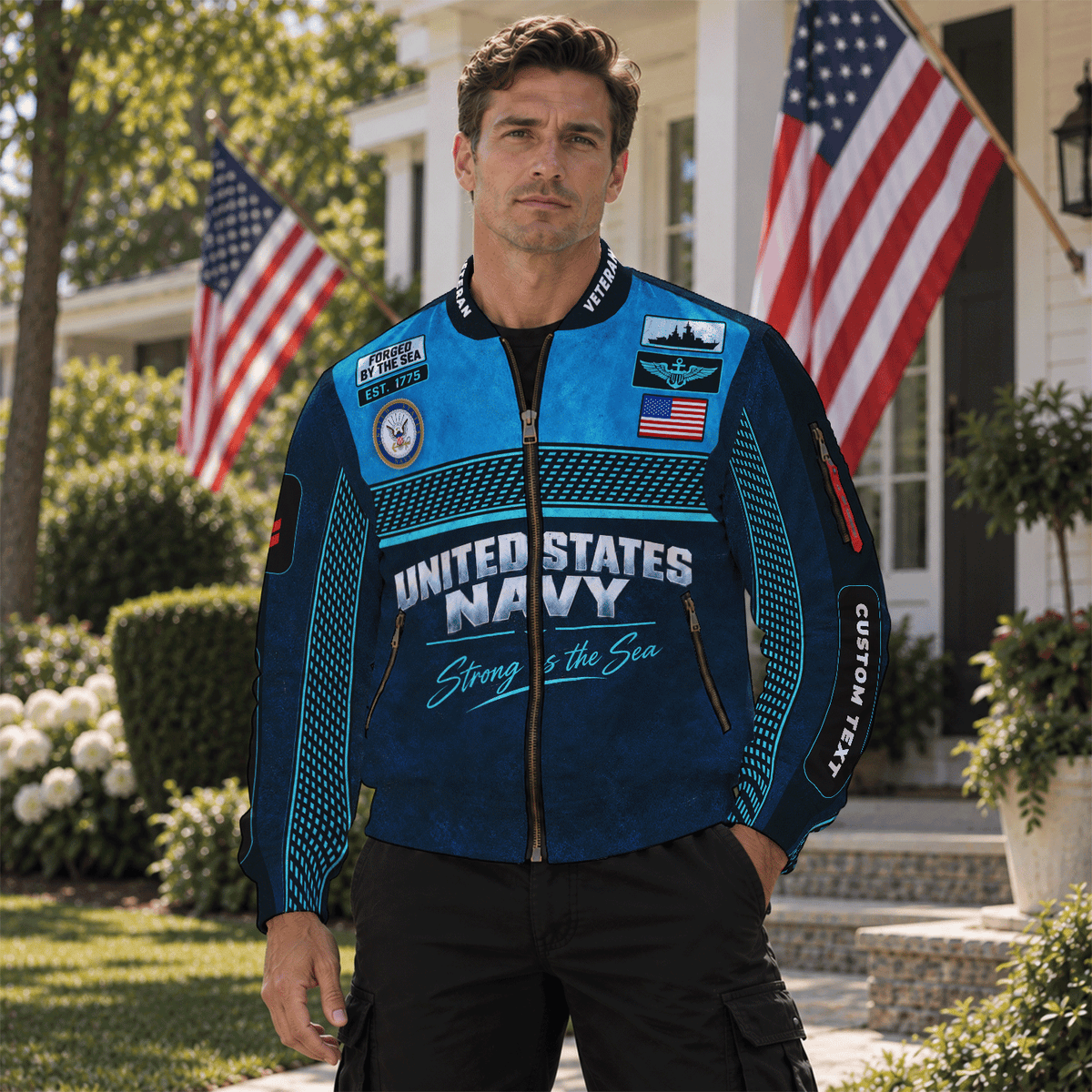 U.S. Navy Sailor Bomber Jacket Personalized Rank Text Military Apparel