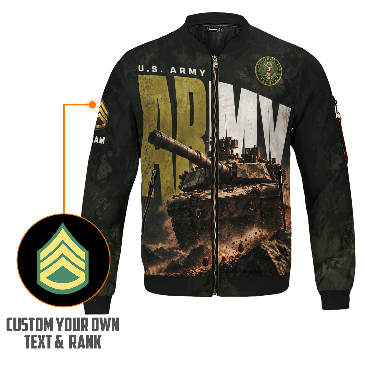 U.S. Army Military Bomber Jacket Custom Rank Name Personalized for Veterans