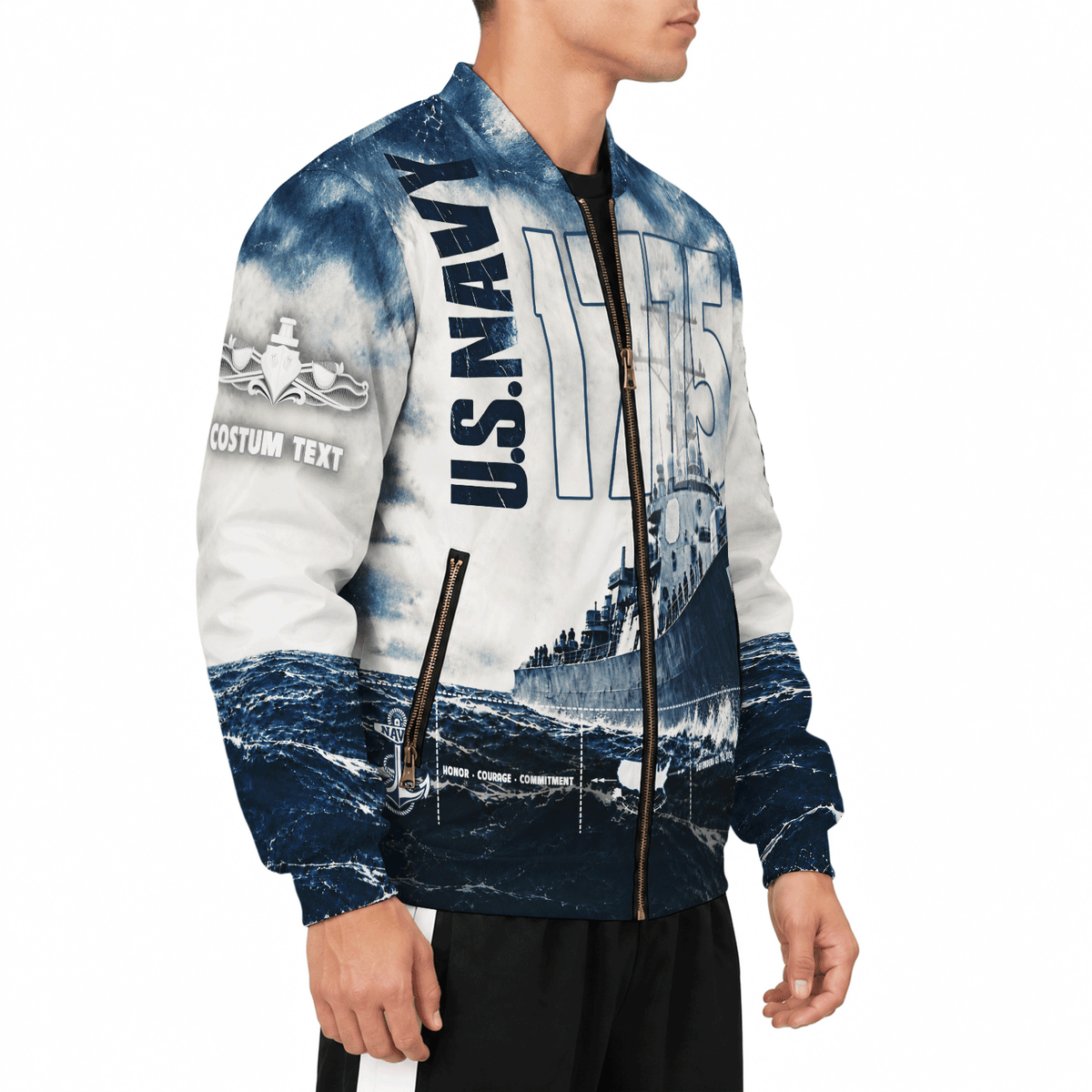 U.S. Navy Veteran Bomber Jacket Custom Military Rank & Text