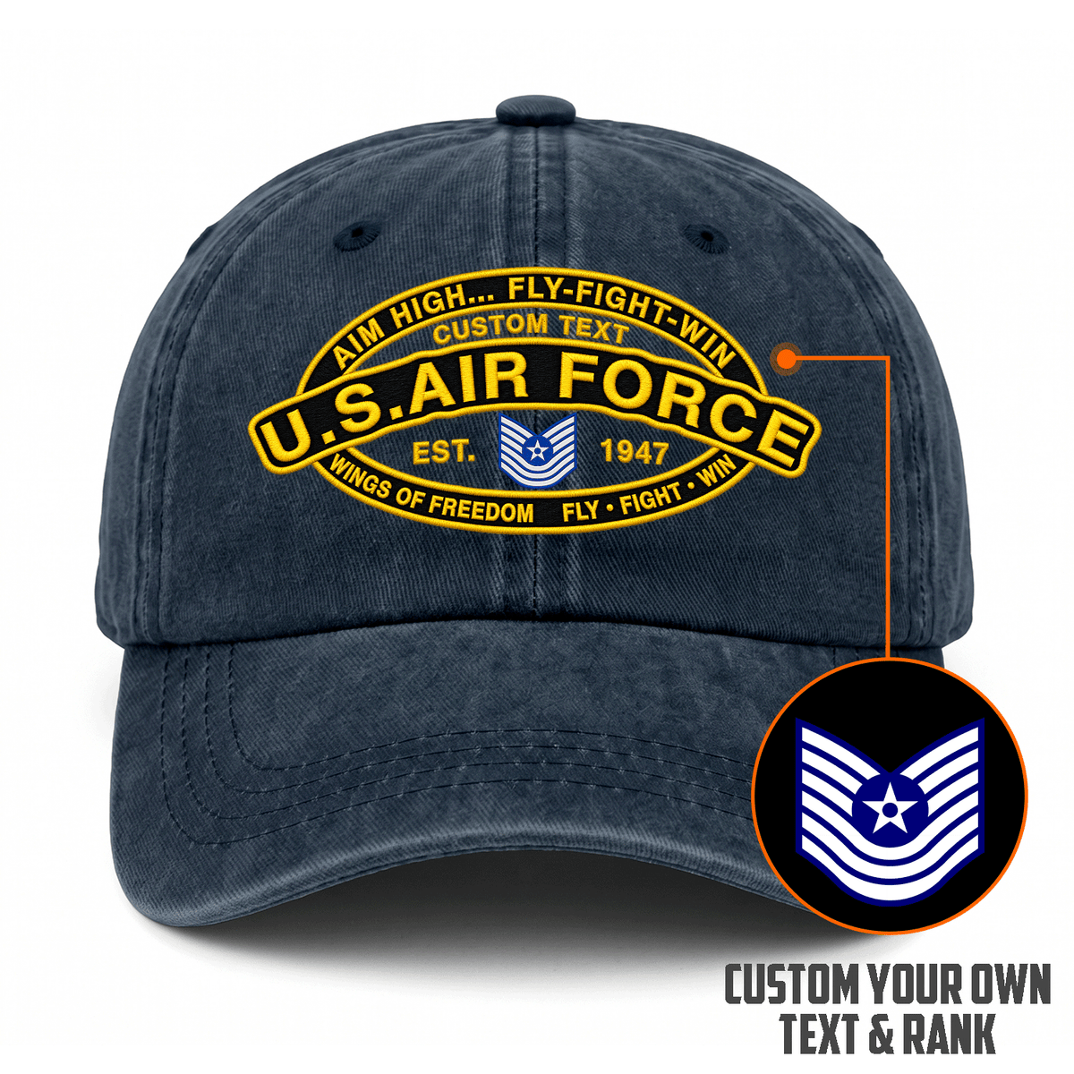 Custom Air Force Veteran Washed Cap Personalized Military Rank and Text
