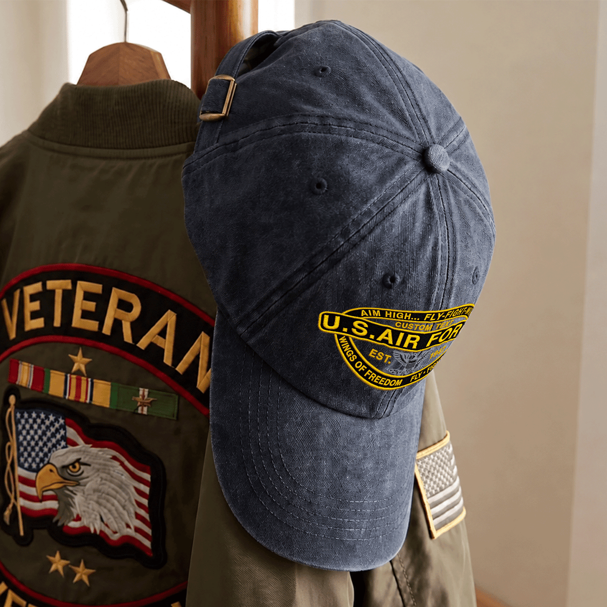 Custom Air Force Veteran Washed Cap Personalized Military Rank and Text